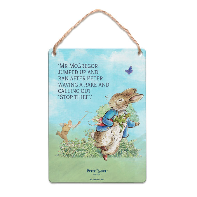 Beatrix Potter - Peter Rabbit - Mr McGregor jumped up and ran after Peter… (Dangler Sign)