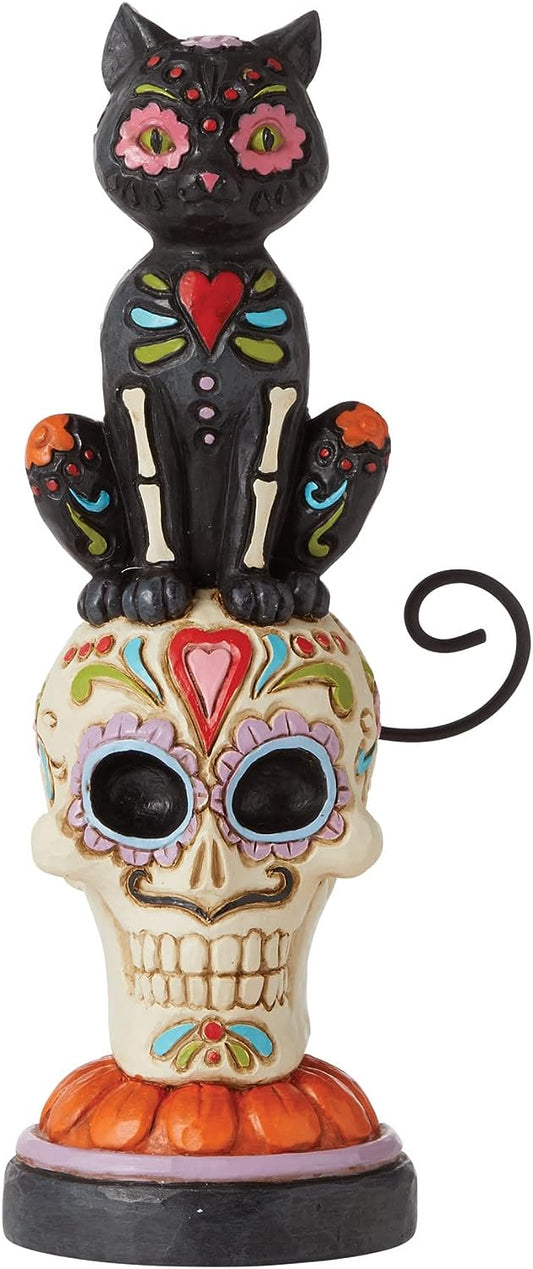 Dia De Los Gatos - Day Of The Dead Cat On Skull Figurine