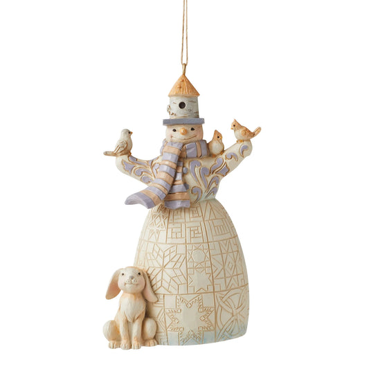 White Woodland Snowman With Birch Birdhouse Hat Hanging Ornament