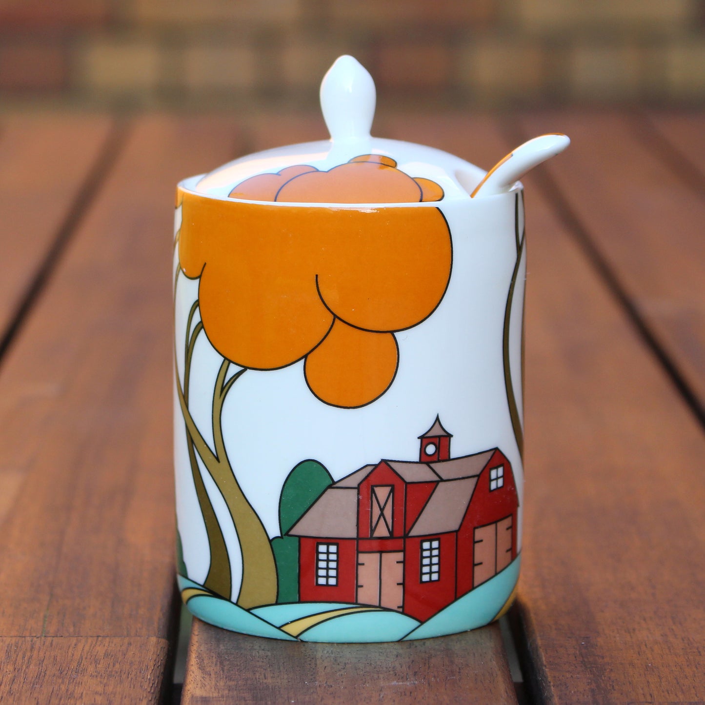 Modern Jam Pot and Spoon - Farm Barn - Clarice Cliff Inspired