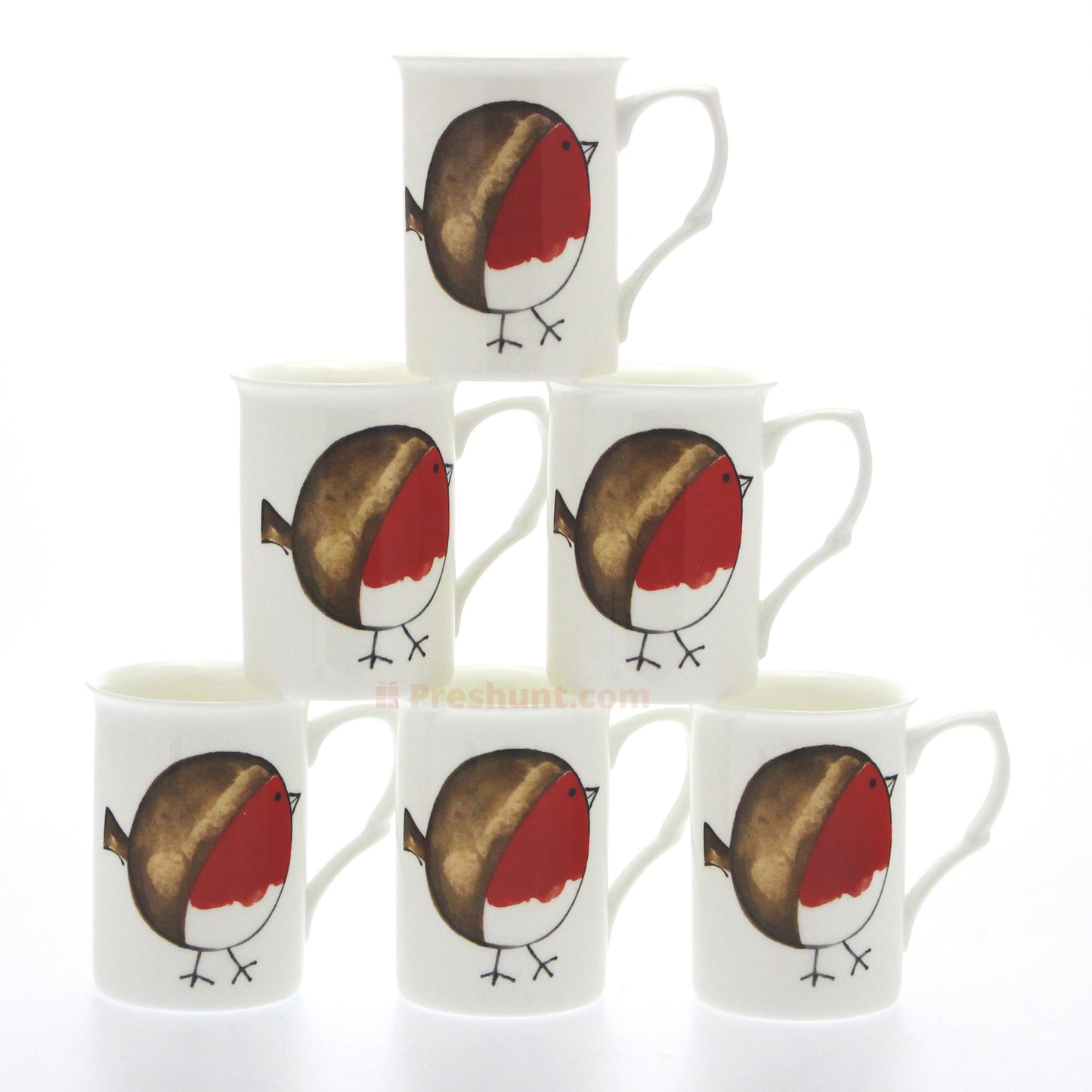 Set 6 Fine Bone China Mugs - Fat Robin Design