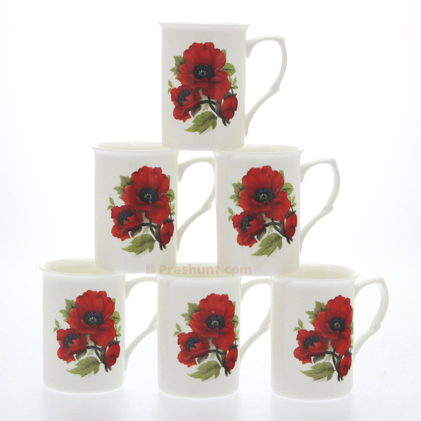 Set 6 Fine Bone China Mugs - Red Poppy Design