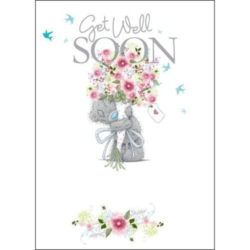 Bear with Bouquet of Flowers - Get Well Soon Card