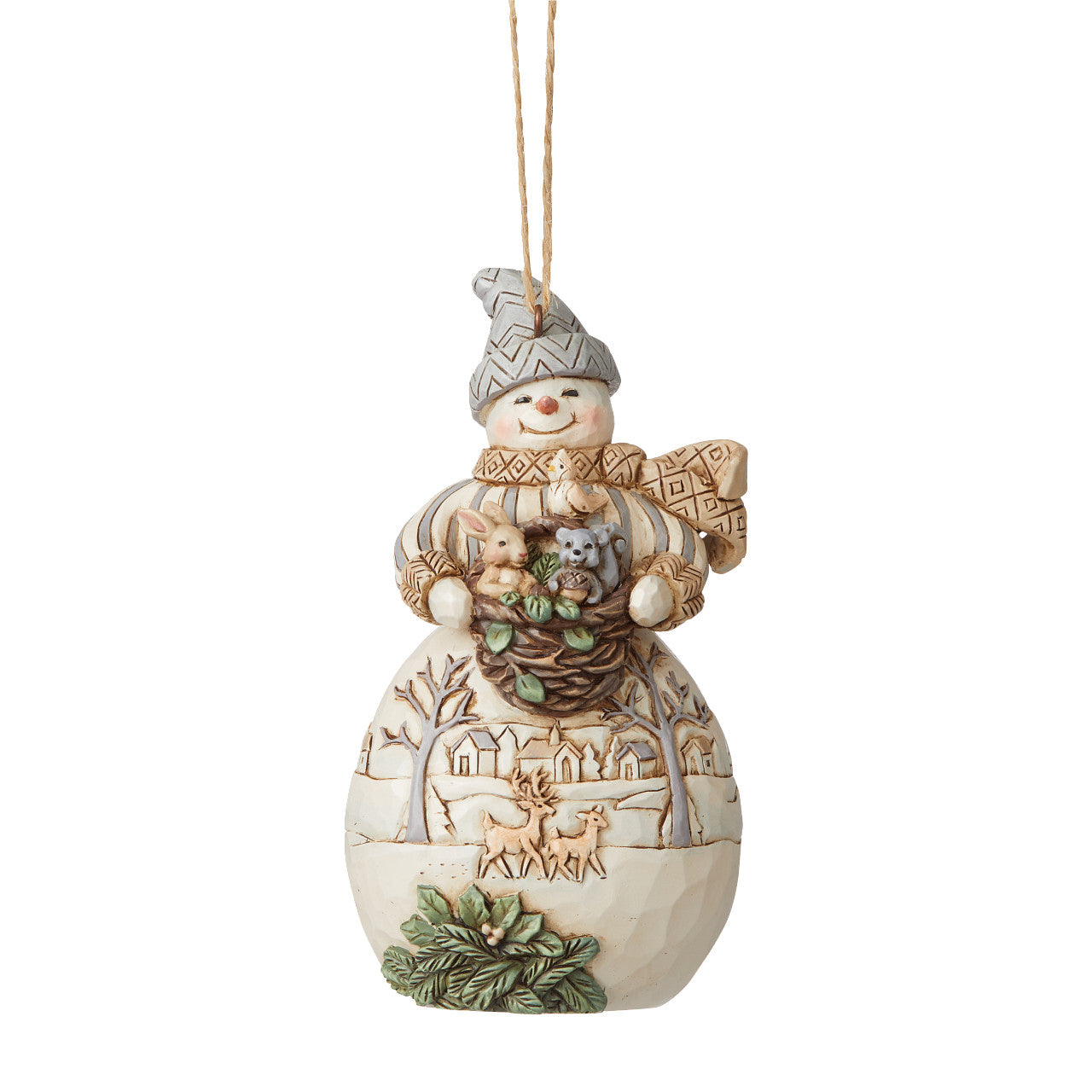 White Woodland Snowman With Basket Ornament Hanging Ornament