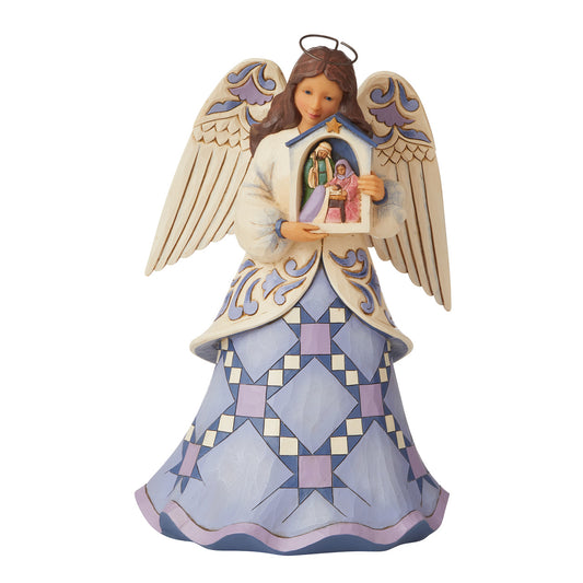 Blessed Savior, We Adore Thee - Angel Holding Nativity Stable Figurine