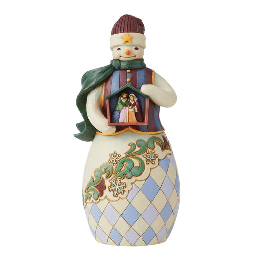 Embrace the Merry Miracle - Snowman Holding Nativity Stable Figurine