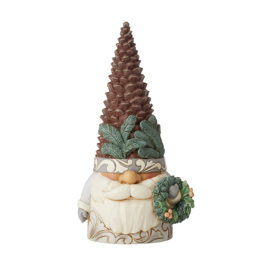 Pining for the Holidays - White Woodland Gnome With Pinecone Hat And Wreath Figurine