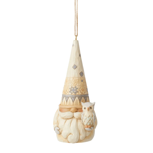 White Woodland Gnome Holding Owl Hanging Ornament