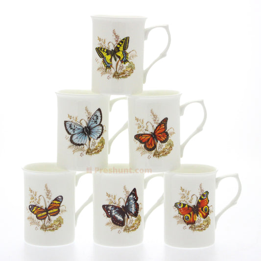 Set 6 Fine Bone China Mugs - Butterfly Design (6 assorted)