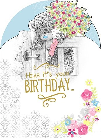 Bear with Bouquet by Gate - Birthday Card