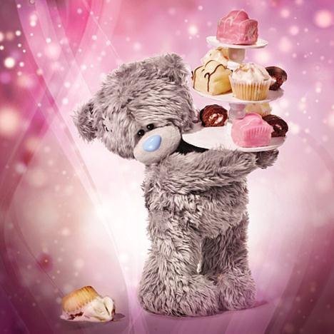 Bear with Tiered Cupcakes Birthday Card (3D Holographic)